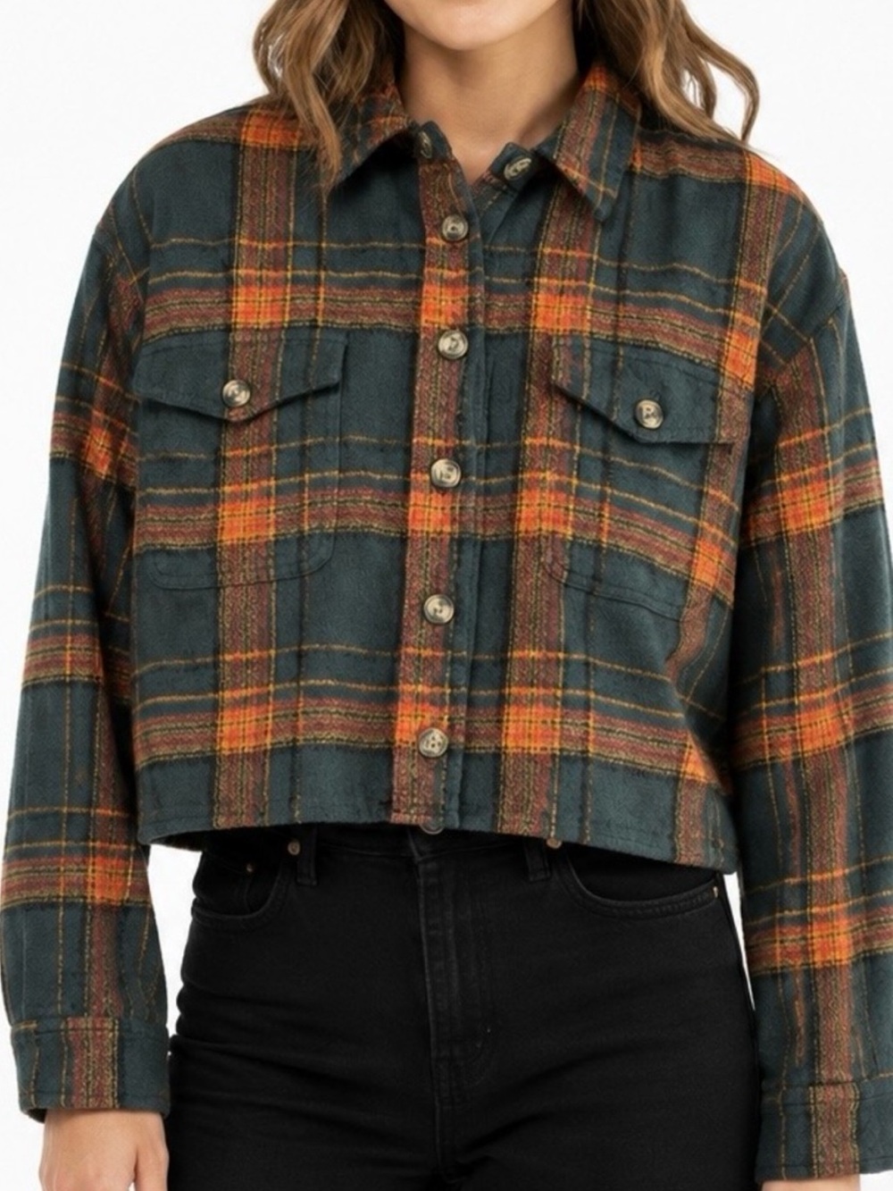 American Eagle Plaid Cropped Shacket Shirt Jacket Women’s S Button Up